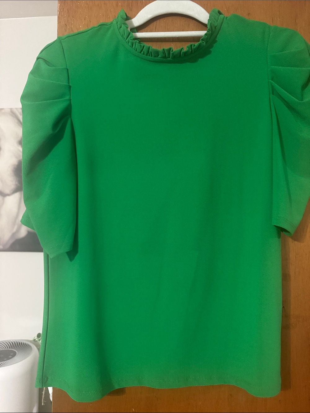 CeCe Bright Green Ruffle Neck Puff Sleeve Blouse